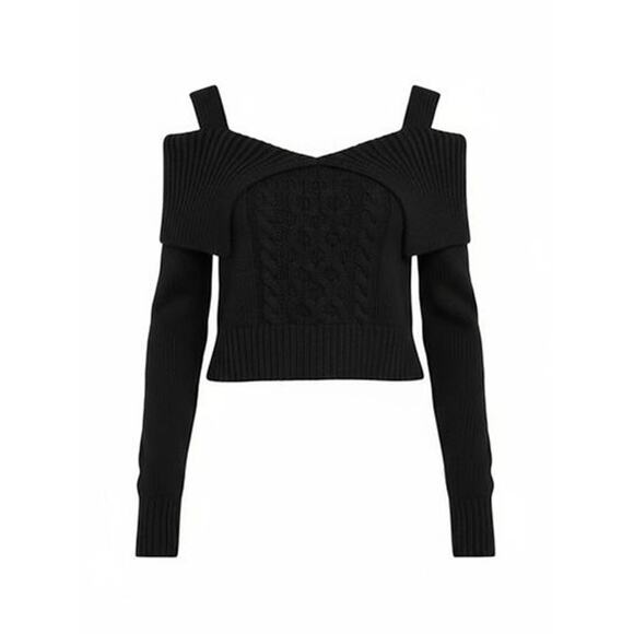 MOON RIVER Black Cable Knit Collared Off Shoulder Cropped Sweater Size XL NWT - Picture 5 of 5